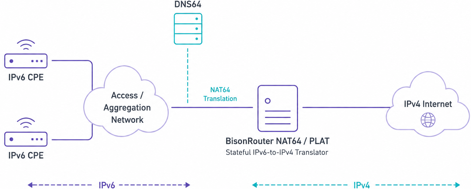 Typical NAT64 network diagram showing IPv6-only subscribers reaching IPv4 services through NAT64